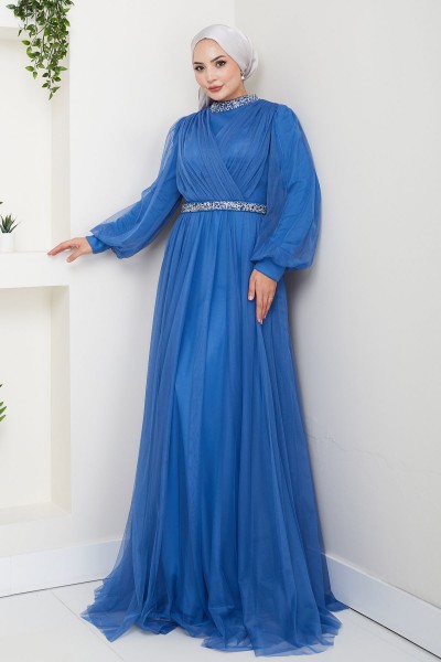 Yaka ve Bel Taş Detaylı Büyük Beden Tesettür Abiye Esna - İndigo